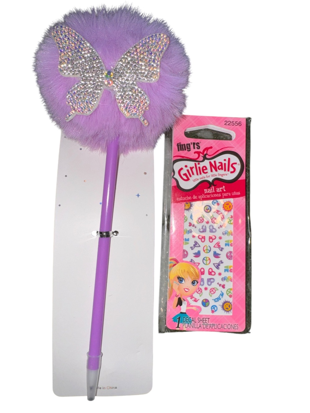 Purple Pom-Pom Butterfly Pen with Nail Art Decal Sheet